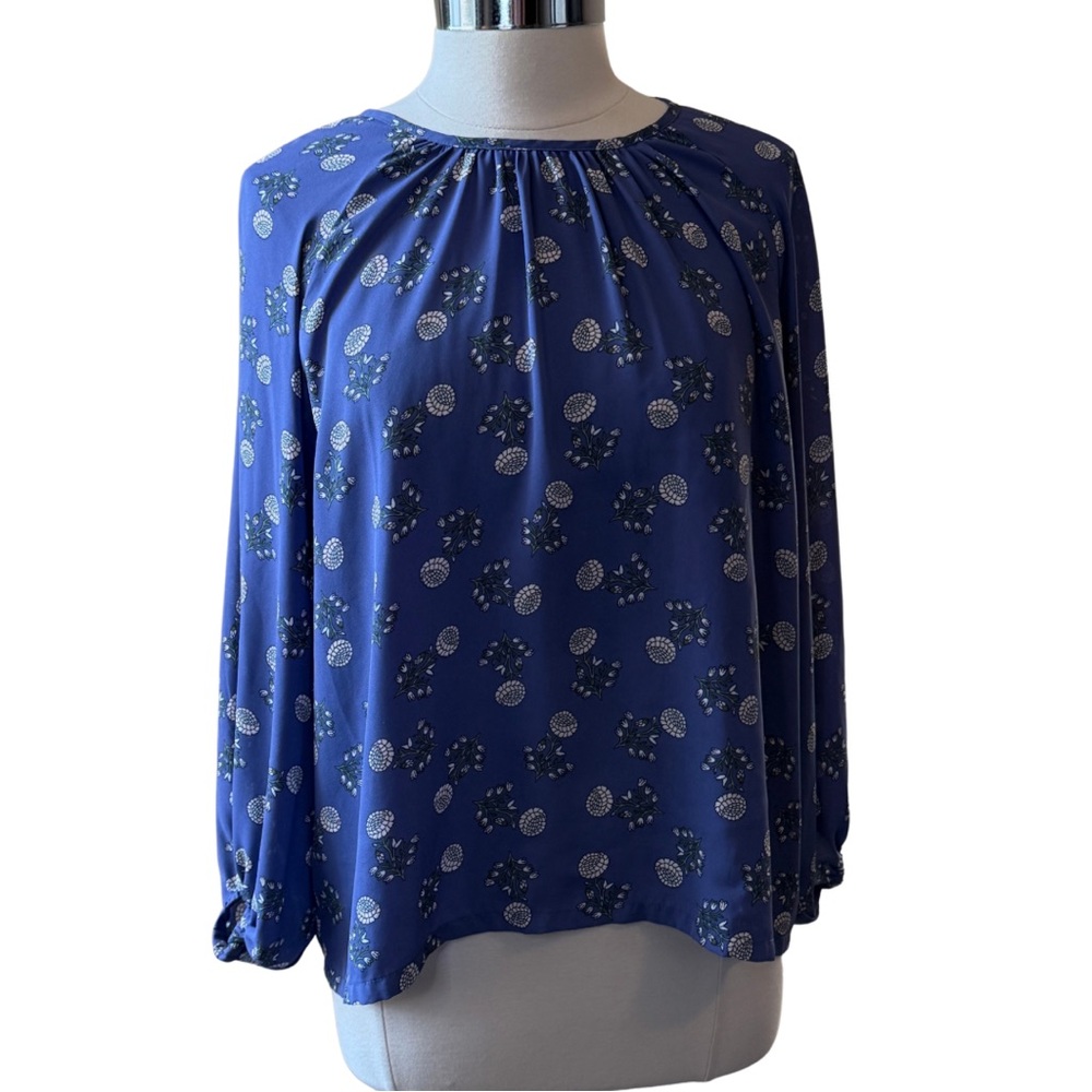 LOFT Purple Floral Blouse Top Size Large Gathered Neck